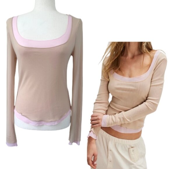 Intimately By Free People Tops - INTIMATELY BY FREE PEOPLE Beige & Pink Double Take Long-Sleeve Nylon Top Size M